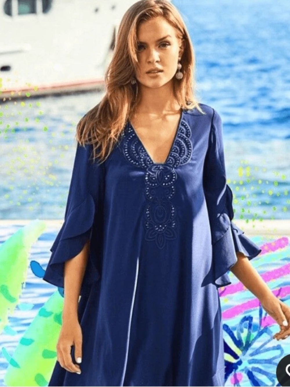 Lilly Pulitzer Women's Navy Tatiana Silk Tunic Dress M Beaded Flutter Sleeve